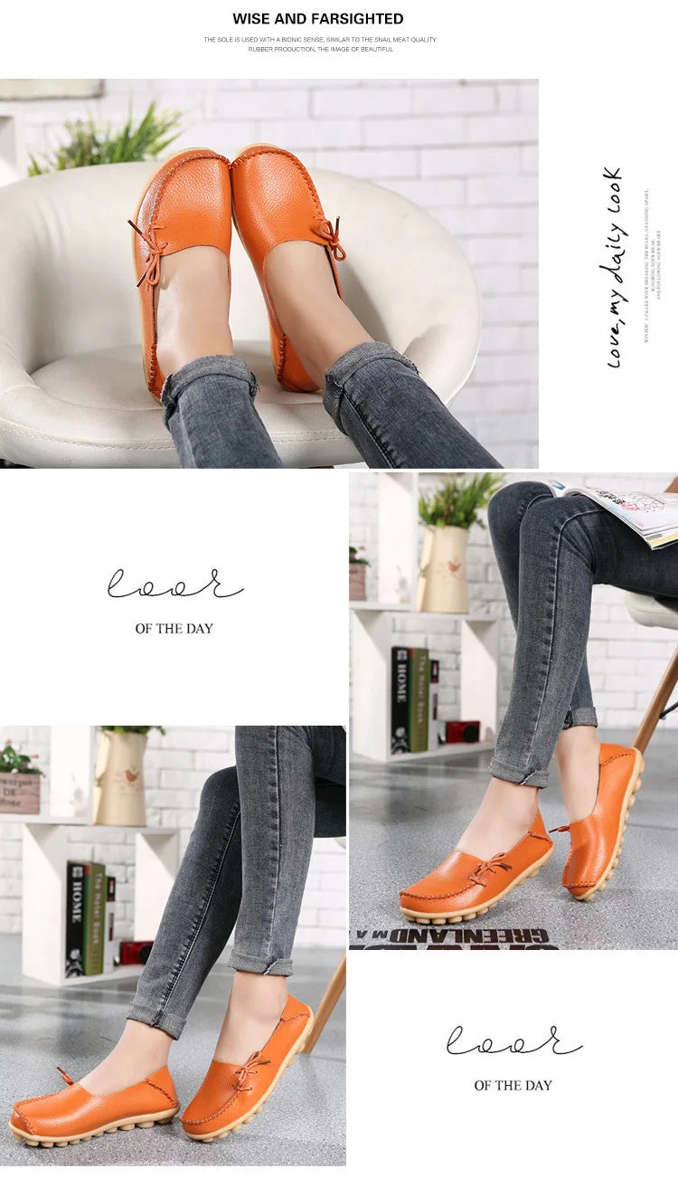 New Moccasins Women Flats 2026 Autumn Woman Loafers Genuine Leather Female Shoes Slip On Ballet Bowtie Women's Shoes Big Size