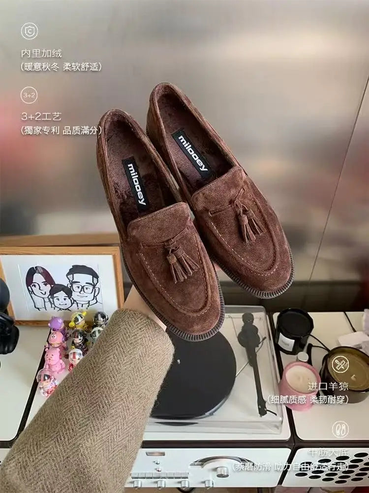 Casual Loafers Women Suede Tassel Round Toe Non-Slip Flat Shoes Women Flat Comfortable Vintage Loafers