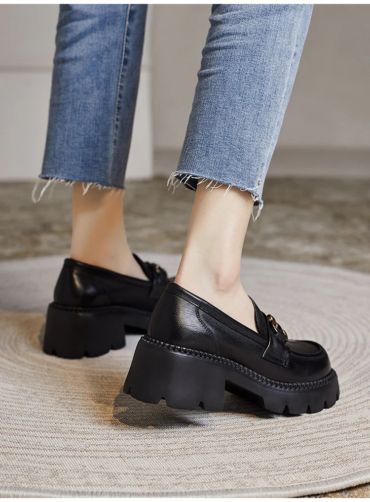 DRKANOL Women Thick Heel Loafers Slip On Pumps Spring Autumn New Design Metal Genuine Leather Round Toe High Heel Platform Shoes
