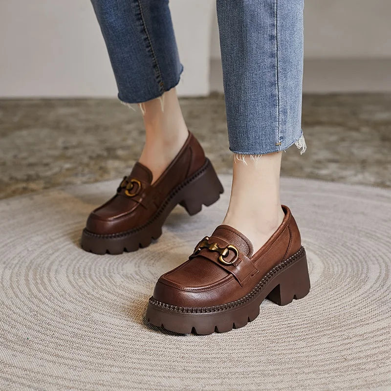 DRKANOL Women Thick Heel Loafers Slip On Pumps Spring Autumn New Design Metal Genuine Leather Round Toe High Heel Platform Shoes
