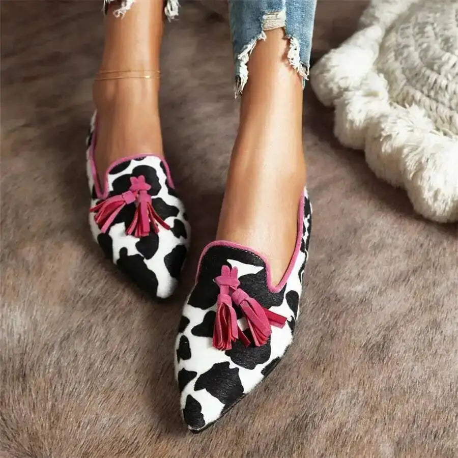 Cow Print Pointed Toe Loafers Women Shoes Tassel Slip‑on Casual Flat Shoes