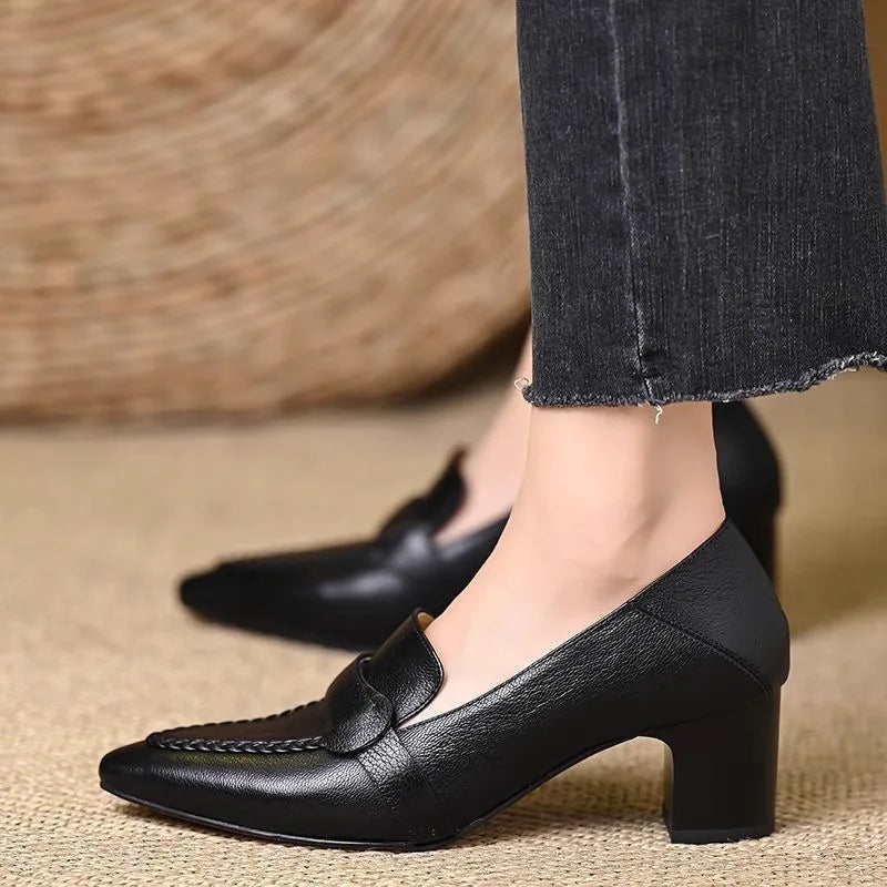 Retro Genuine Leather Pump High-Heeled Moccasins for Women New Style 2026 Pointed Toe Thick Heel Versatile Elegant Women's Shoes