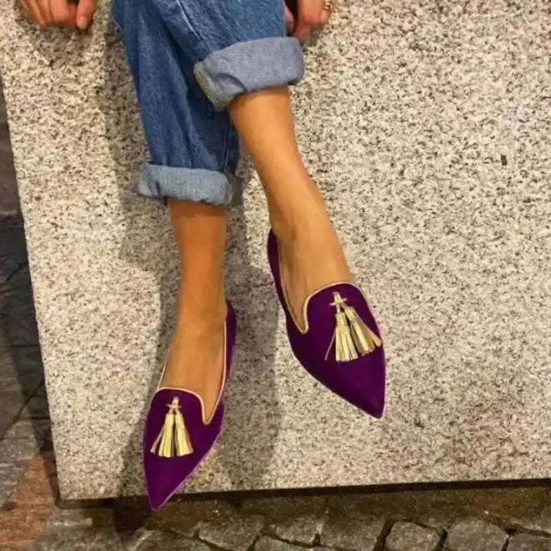 Cow Print Pointed Toe Loafers Women Shoes Tassel Slip‑on Casual Flat Shoes