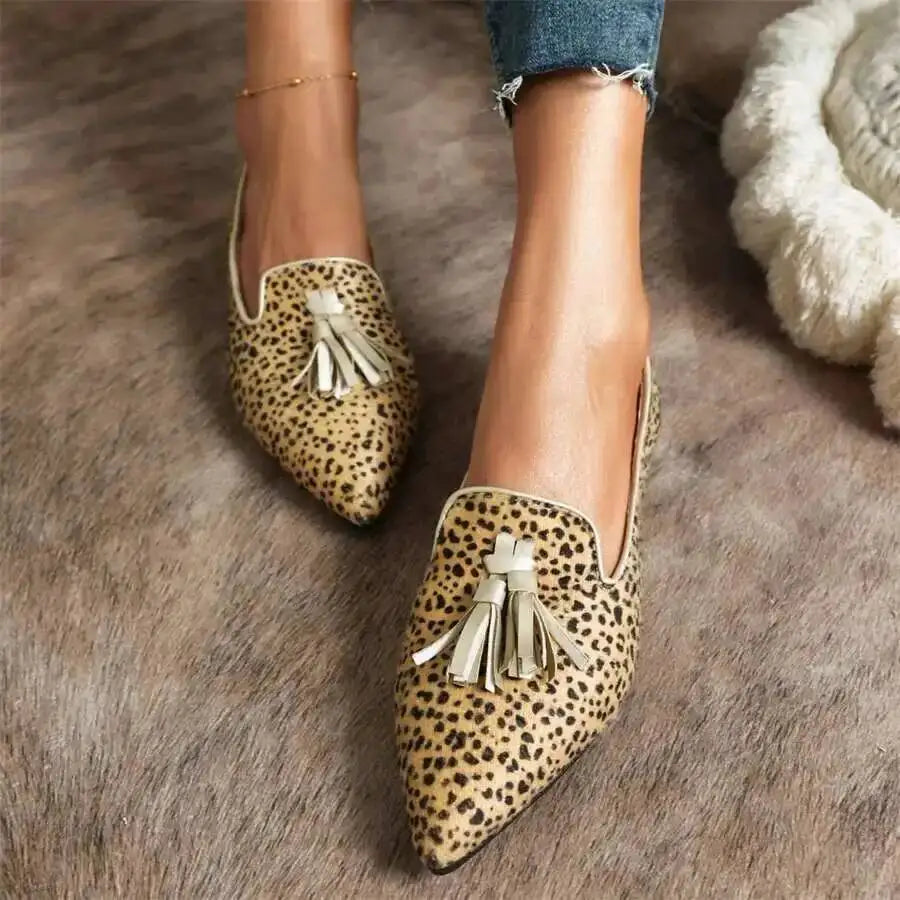 Cow Print Pointed Toe Loafers Women Shoes Tassel Slip‑on Casual Flat Shoes