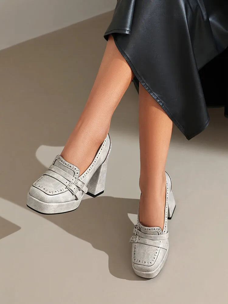 EAGSITY Pumps Brown Women Shoes Loafers Block Heel Platform Slip On Shoes Cosplay Wedding Party Pumps