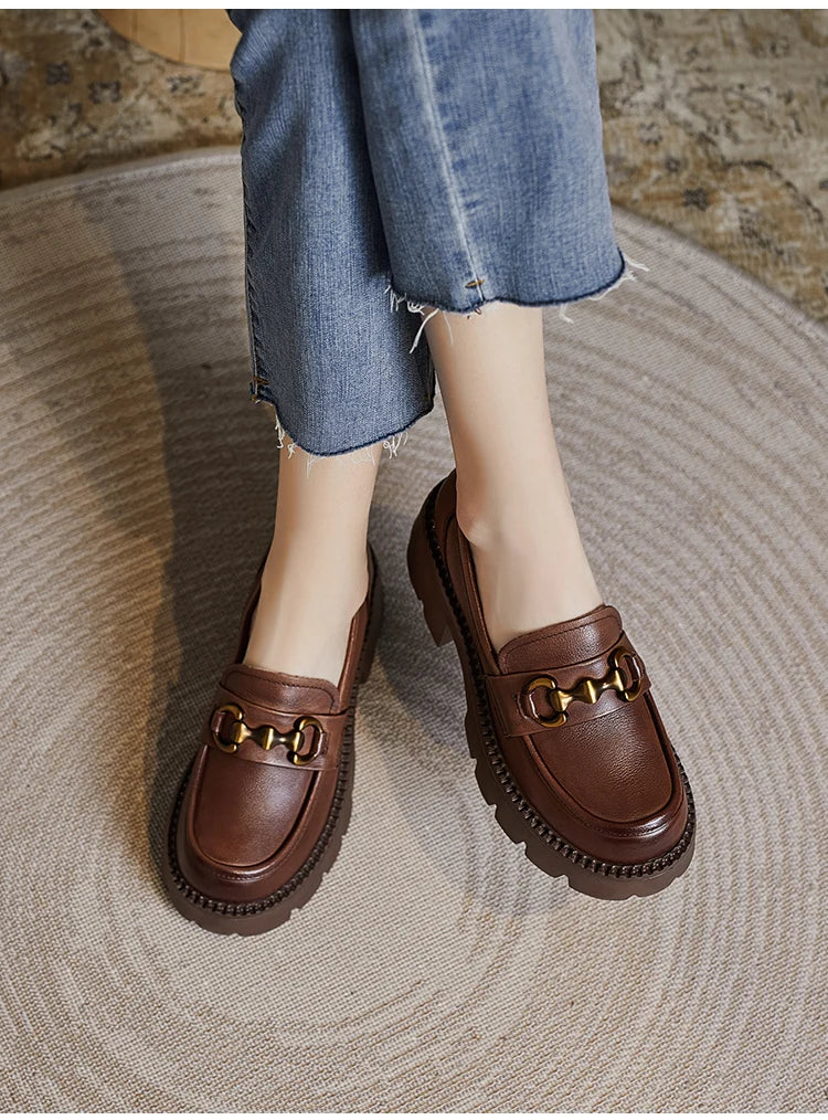 DRKANOL Women Thick Heel Loafers Slip On Pumps Spring Autumn New Design Metal Genuine Leather Round Toe High Heel Platform Shoes