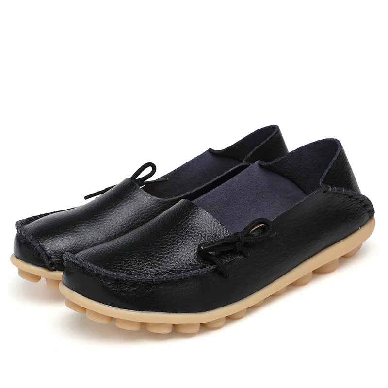 New Moccasins Women Flats 2026 Autumn Woman Loafers Genuine Leather Female Shoes Slip On Ballet Bowtie Women's Shoes Big Size