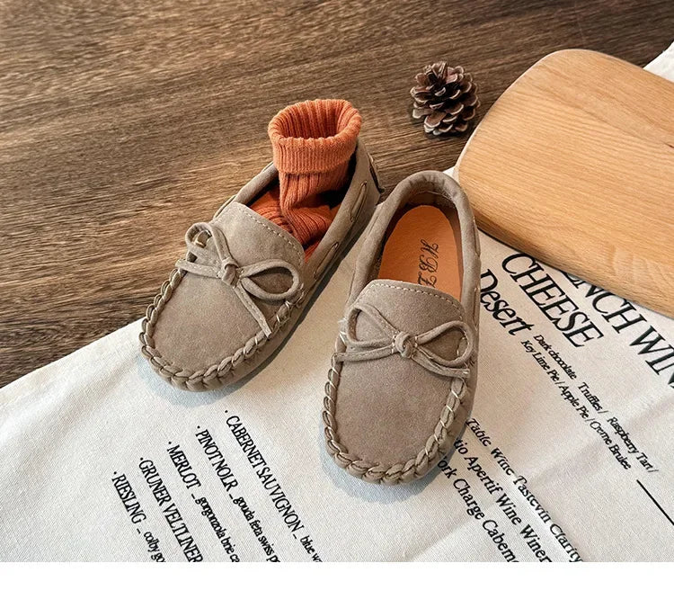 Children Casual Flats 2024 New Fabric Moccasin with Simple Bow Girls Minimalist Style Princess Shoes Anti Slip Wear-resistant
