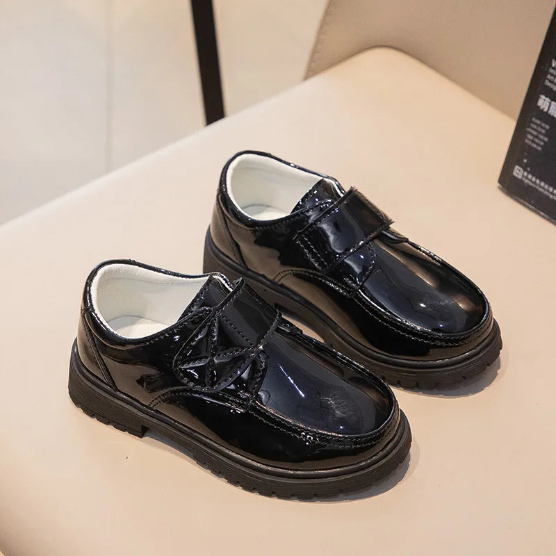 Children Fashion Leather Shoes Boys 2023 Hook & Loop Glossy Simple Black Uniform School Shoes Loafers Kids Shoes Free Shipping