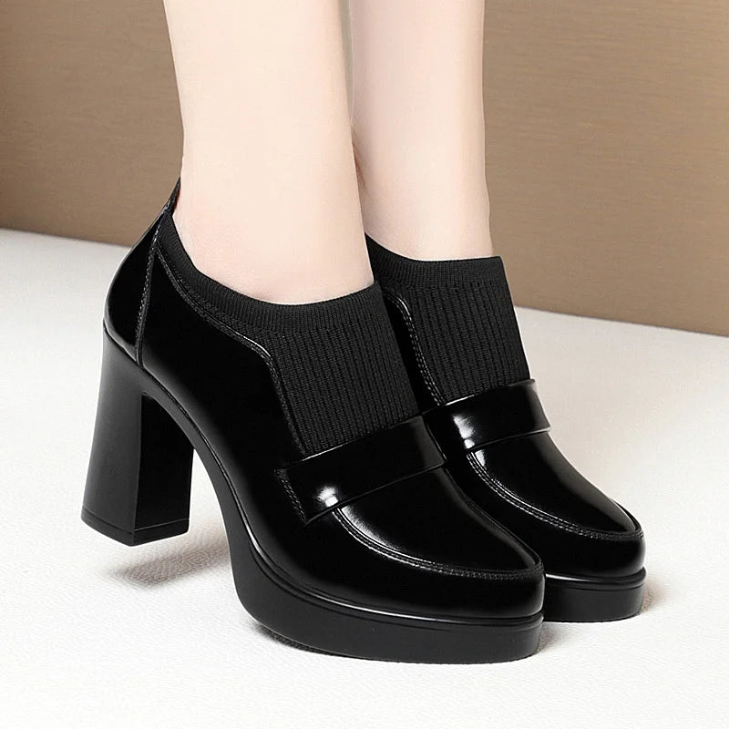 Women's One Pedal Loafer High Heel Soft Leather Shoes 2024 New Thick Bottom British Style Elastic Mouth Chunky Heel Shoes