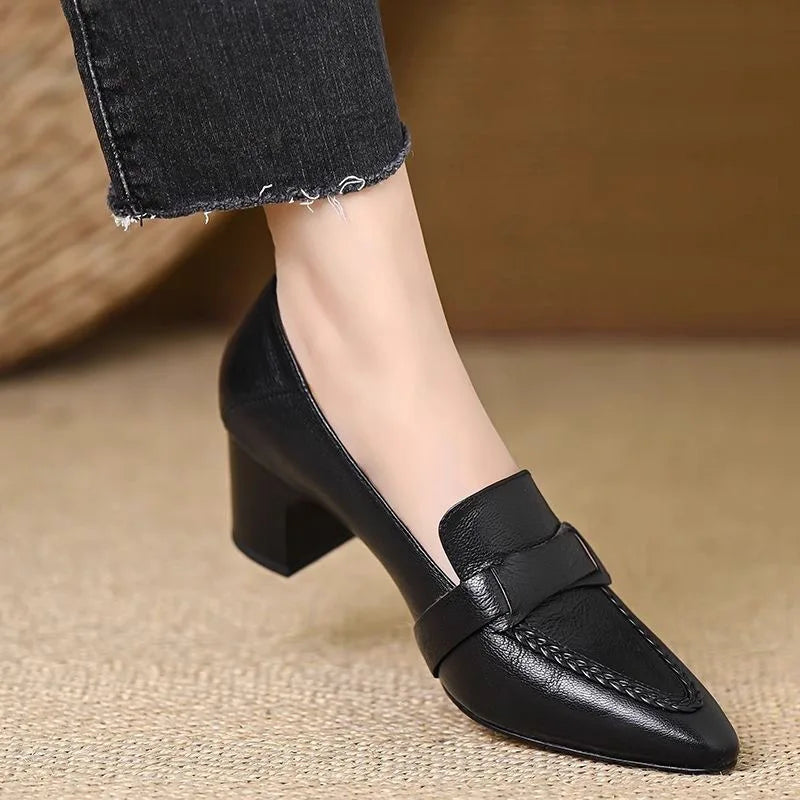 Retro Genuine Leather Pump High-Heeled Moccasins for Women New Style 2026 Pointed Toe Thick Heel Versatile Elegant Women's Shoes
