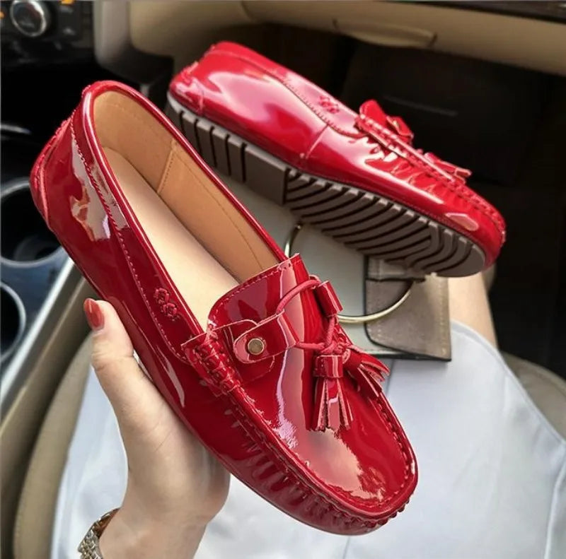 Office Ladies Comfortable Breathable Genuine Leather Flats Breathable Fashion Tassel Spring Summer Women Patent Leather Loafers