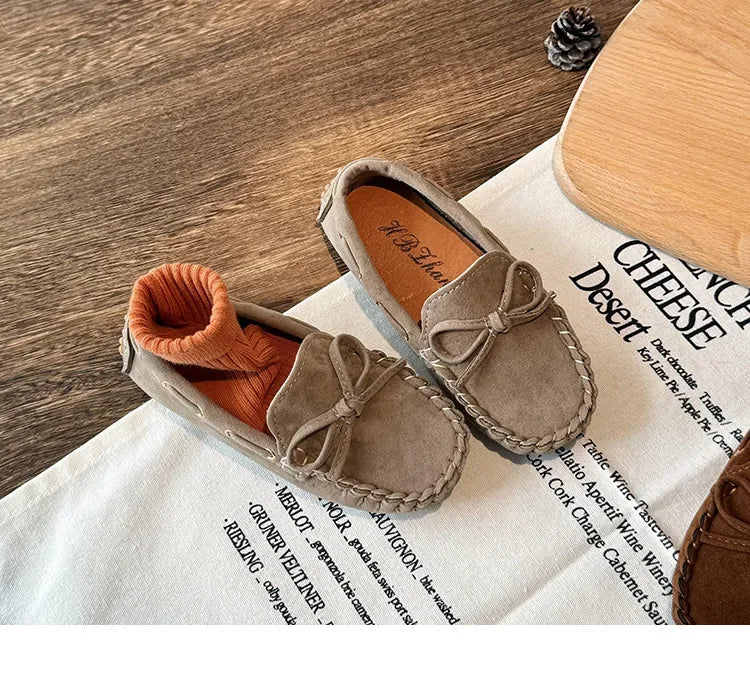 Children Casual Flats 2024 New Fabric Moccasin with Simple Bow Girls Minimalist Style Princess Shoes Anti Slip Wear-resistant