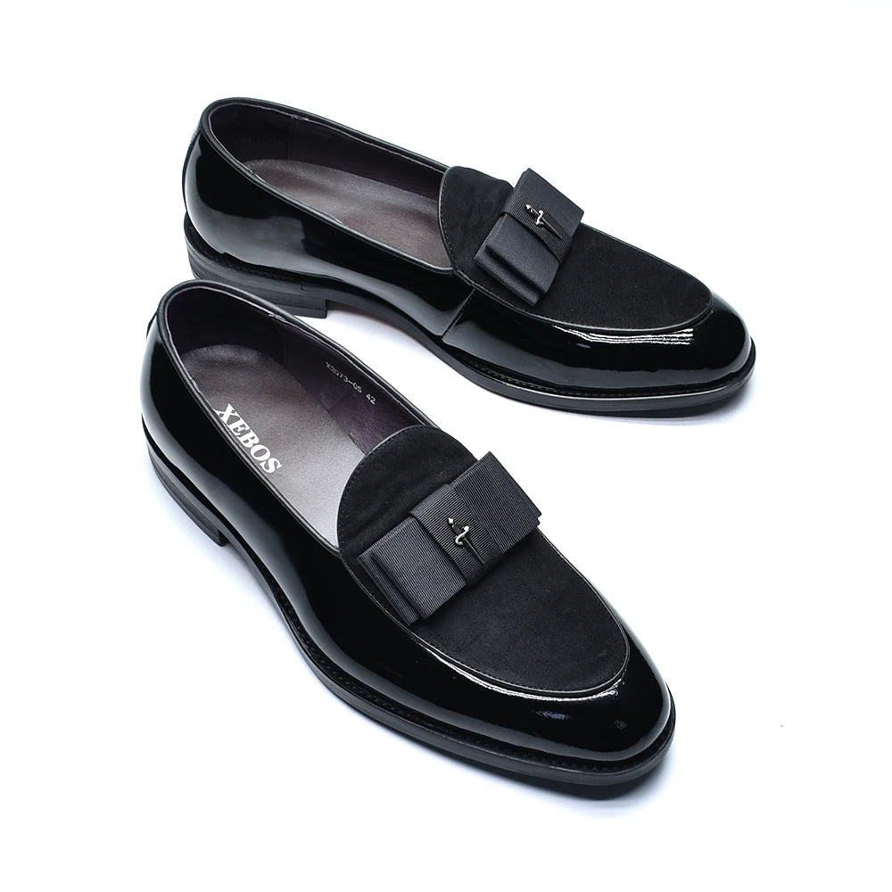 Black Red Luxury Genuine Patent Leather Men's Dress Loafer Shoes with Bowtie Wedding Party Banquet Slip-On Man Formal Shoes