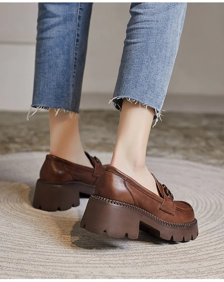 DRKANOL Women Thick Heel Loafers Slip On Pumps Spring Autumn New Design Metal Genuine Leather Round Toe High Heel Platform Shoes