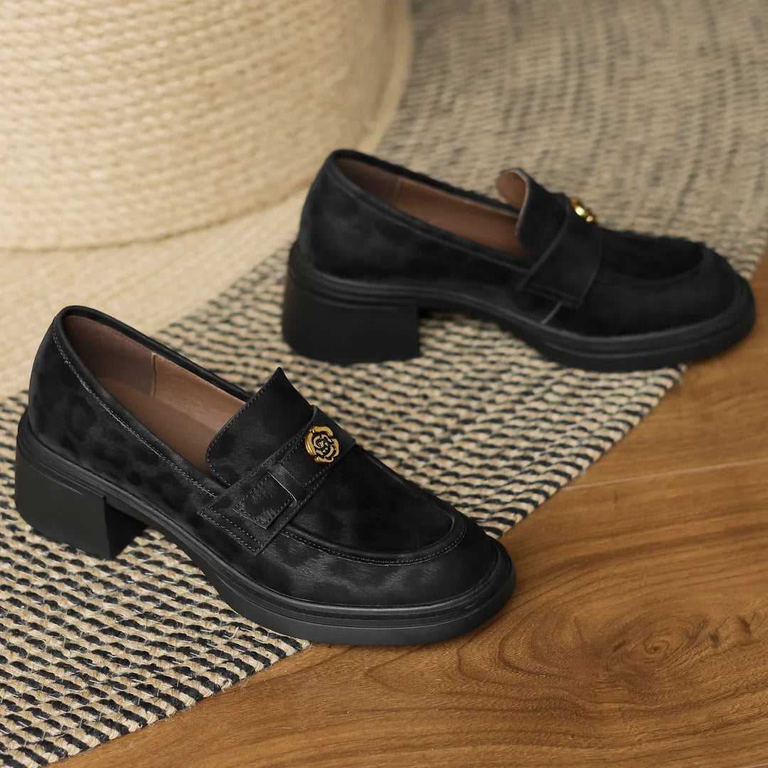 Women's leopard cow leather 5cm chunky heel platform slip-on loafers high quality soft comfortable causal female moccasins shoes