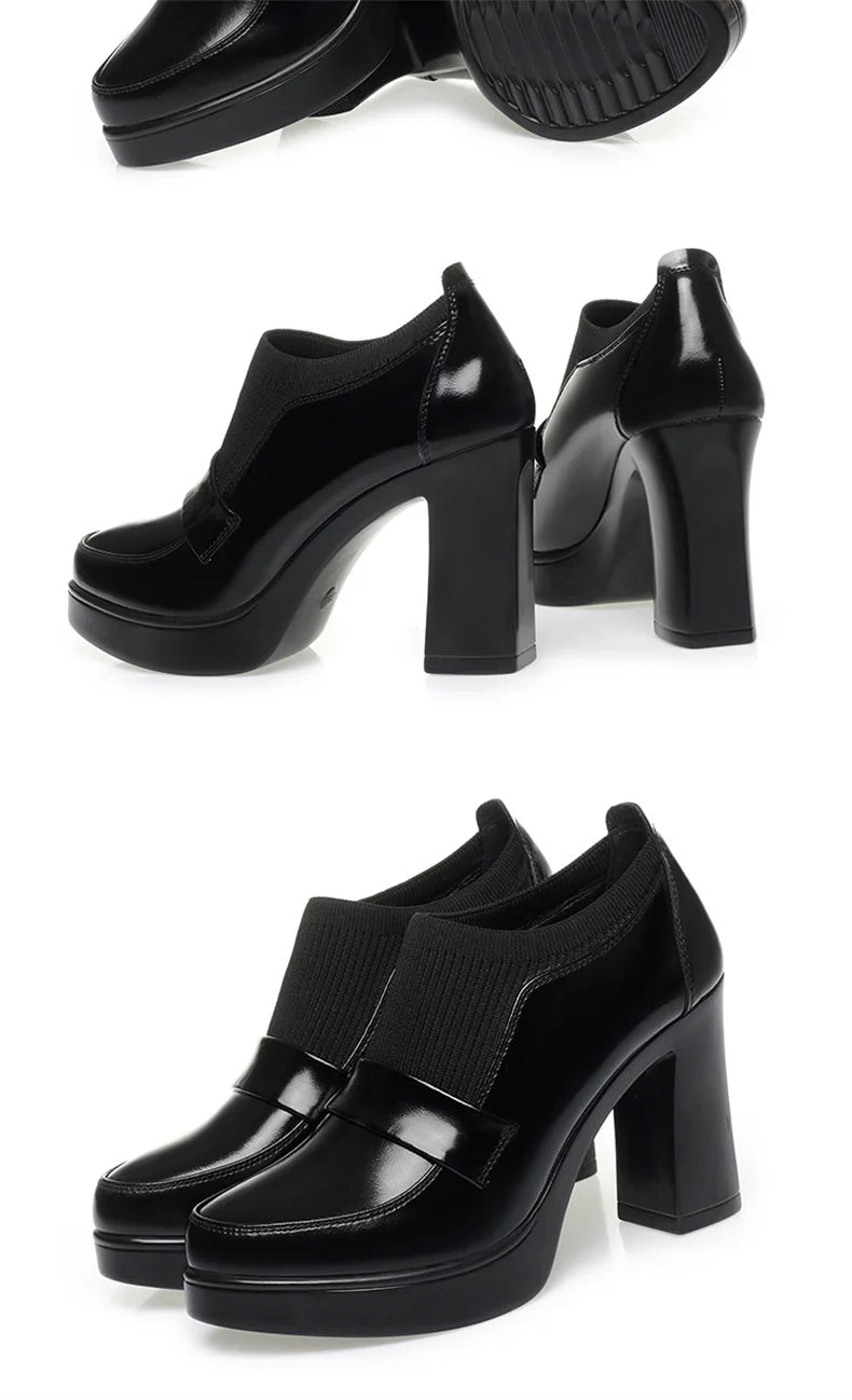Women's One Pedal Loafer High Heel Soft Leather Shoes 2024 New Thick Bottom British Style Elastic Mouth Chunky Heel Shoes