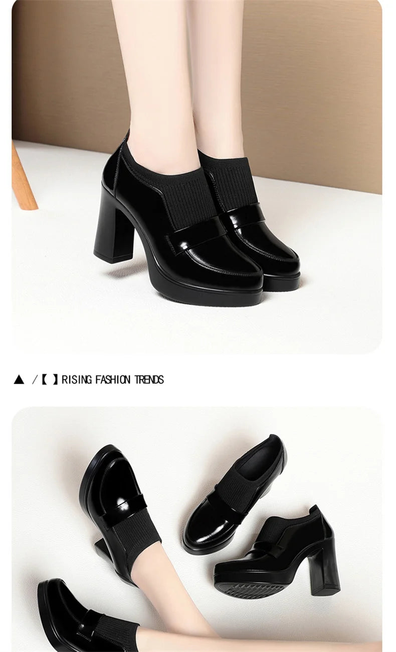 Women's One Pedal Loafer High Heel Soft Leather Shoes 2024 New Thick Bottom British Style Elastic Mouth Chunky Heel Shoes