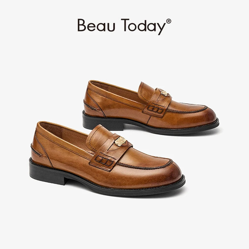 BeauToday Penny Loafers Women Genuine Calfskin Slip On Round Toe Square Heel Shallow Casual Spring Outdoor Ladies Shoes 26084