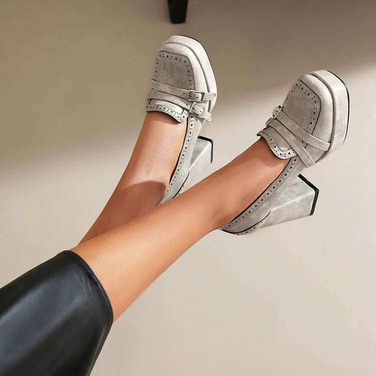 EAGSITY Pumps Brown Women Shoes Loafers Block Heel Platform Slip On Shoes Cosplay Wedding Party Pumps