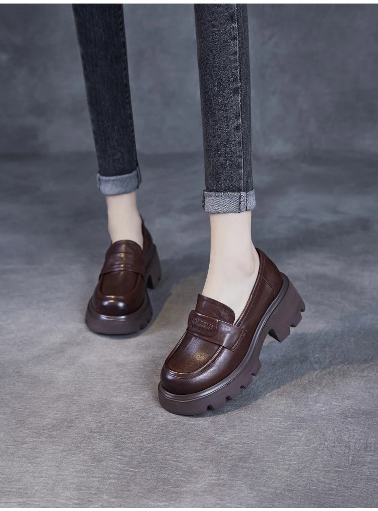 DRKANOL 2026 Spring Women Shoes Thick Heel Slip On Loafers Handmade Retro Chunky Platform Round Toe Pumps Ladies High Heel Shoes