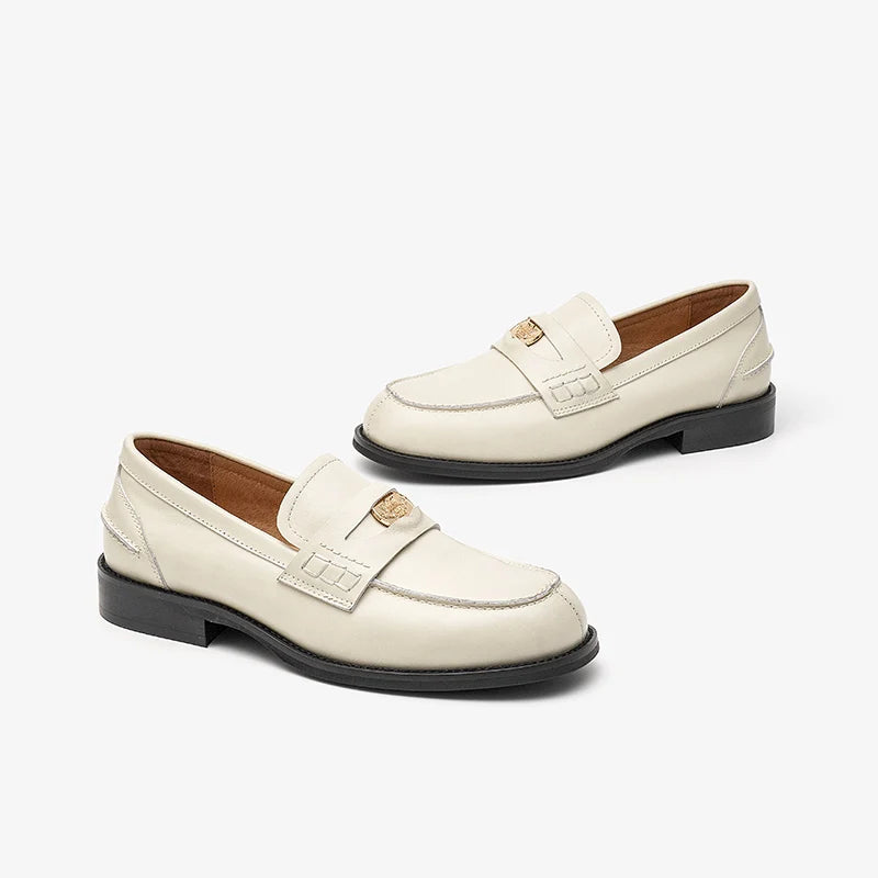 BeauToday Penny Loafers Women Genuine Calfskin Slip On Round Toe Square Heel Shallow Casual Spring Outdoor Ladies Shoes 26084