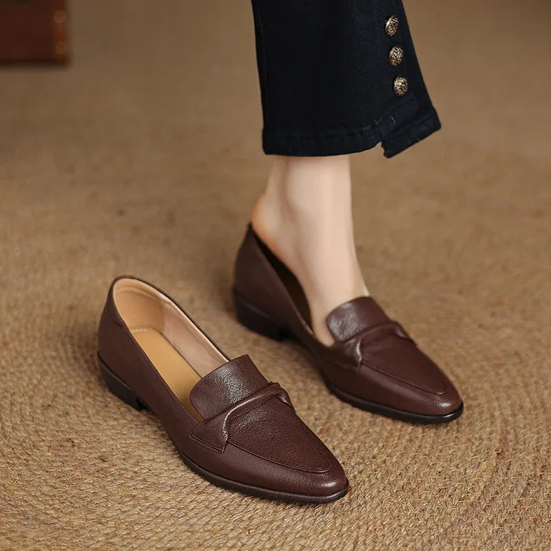 2025 spring autumn women pumps natural leather 22-25cm soft sheepskin+cowhide+pigskin pointed toe thick heel loafers women shoes