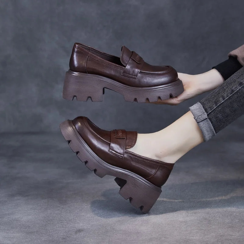DRKANOL 2026 Spring Women Shoes Thick Heel Slip On Loafers Handmade Retro Chunky Platform Round Toe Pumps Ladies High Heel Shoes