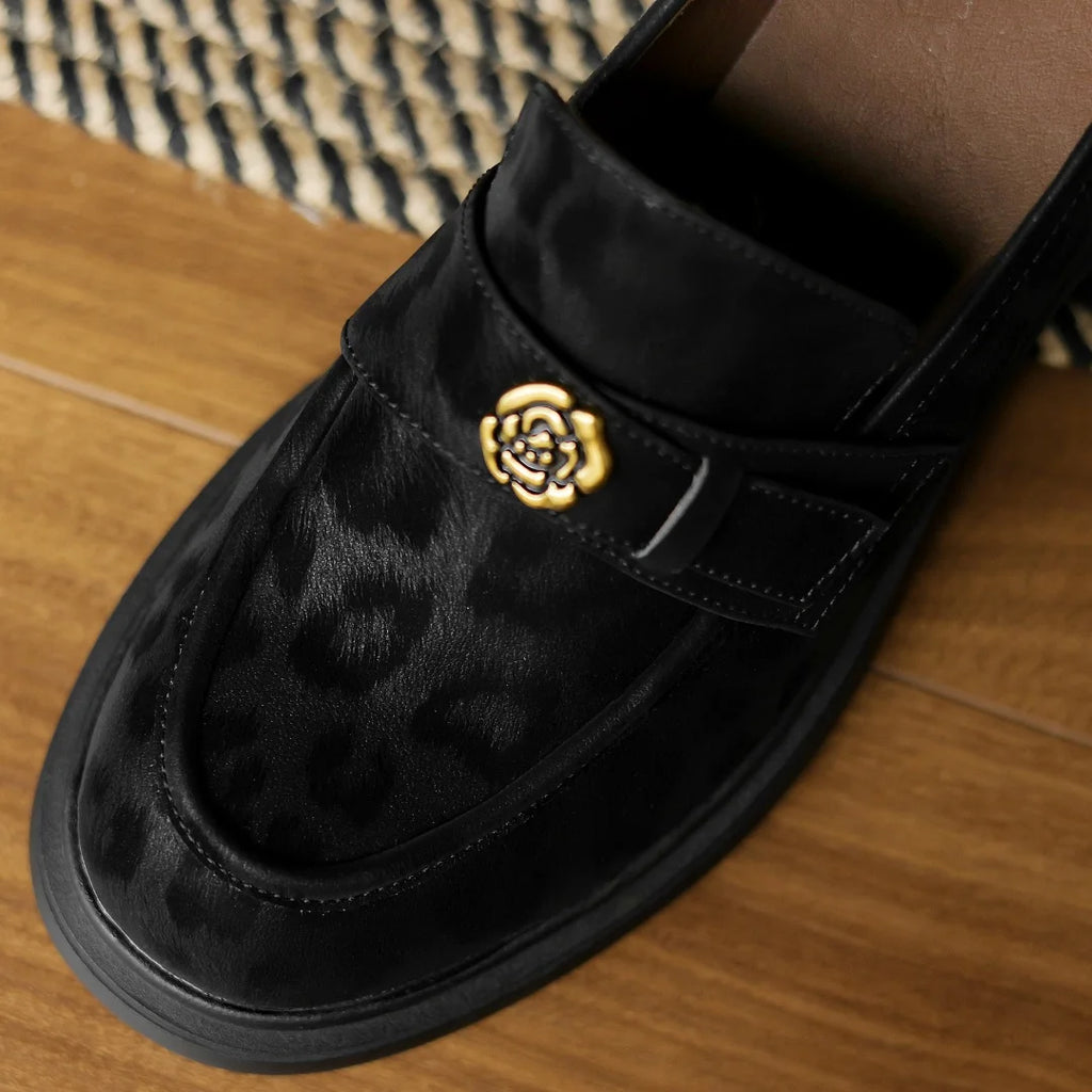 Women's leopard cow leather 5cm chunky heel platform slip-on loafers high quality soft comfortable causal female moccasins shoes