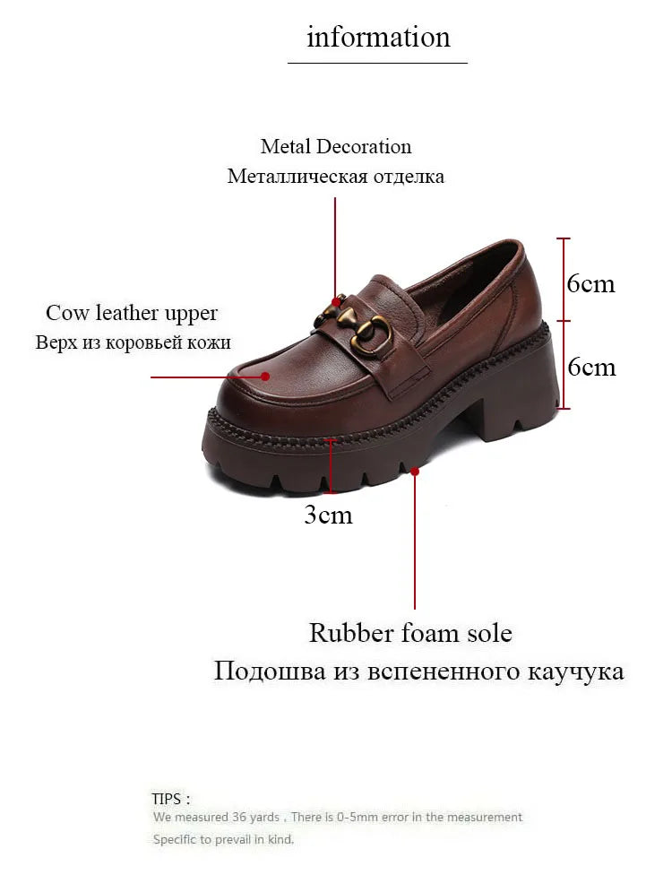 DRKANOL Women Thick Heel Loafers Slip On Pumps Spring Autumn New Design Metal Genuine Leather Round Toe High Heel Platform Shoes