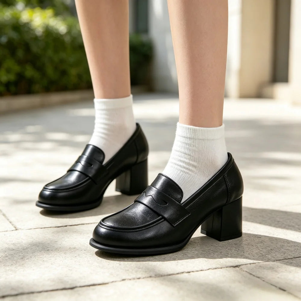 Vintage Women's Penny Loafers Chunky Block Heel Leather Shoes Slip On Round Toe Office Work Shoes Anti Slip Sole Comfort Daily D