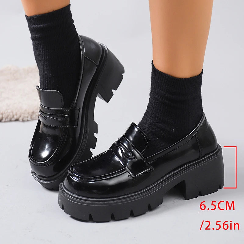 British Style Thick Heels Loafers Women Fashion Slip On Chunky Platform Pumps Woman Plus Size 35-42 Pu Leather Student Shoes