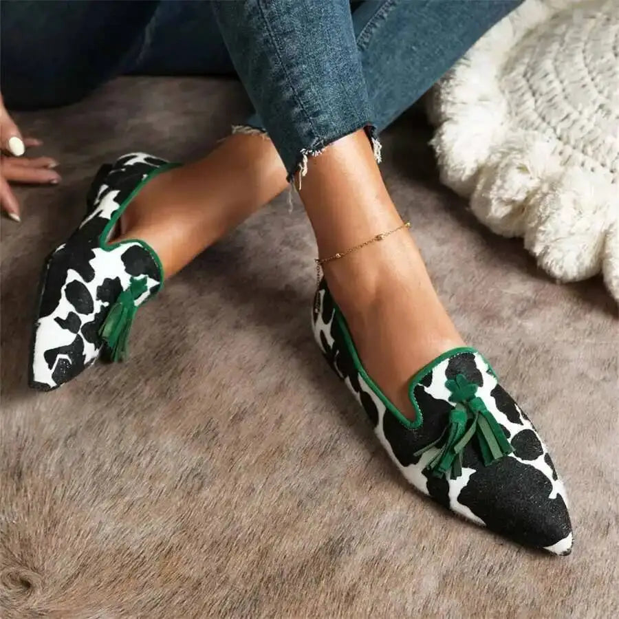Cow Print Pointed Toe Loafers Women Shoes Tassel Slip‑on Casual Flat Shoes