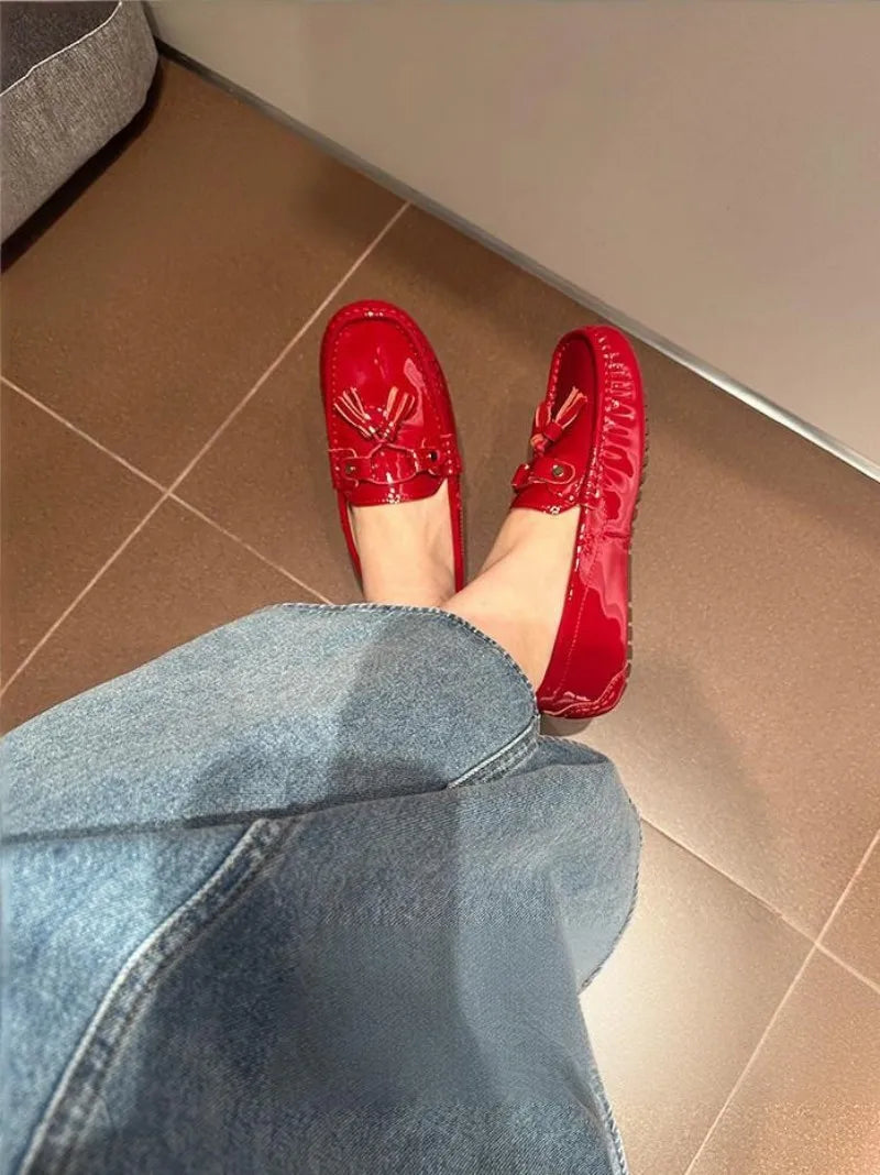 Office Ladies Comfortable Breathable Genuine Leather Flats Breathable Fashion Tassel Spring Summer Women Patent Leather Loafers