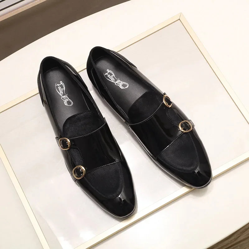 FELIX CHU Men's Patent Leather Monk Strap Dress Shoes Wedding Loafers Horse Hair Detail Casual Formal Party Gentlemen Footwear