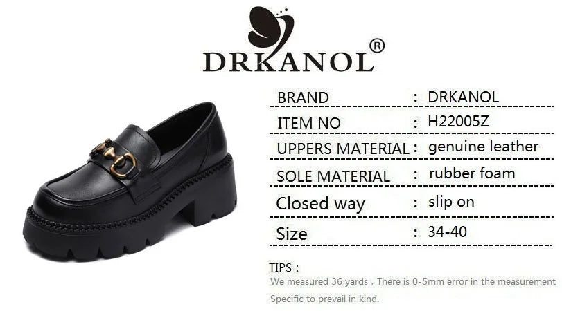 DRKANOL Women Thick Heel Loafers Slip On Pumps Spring Autumn New Design Metal Genuine Leather Round Toe High Heel Platform Shoes