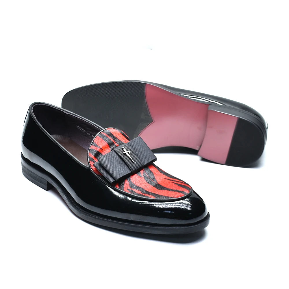 Black Red Luxury Genuine Patent Leather Men's Dress Loafer Shoes with Bowtie Wedding Party Banquet Slip-On Man Formal Shoes