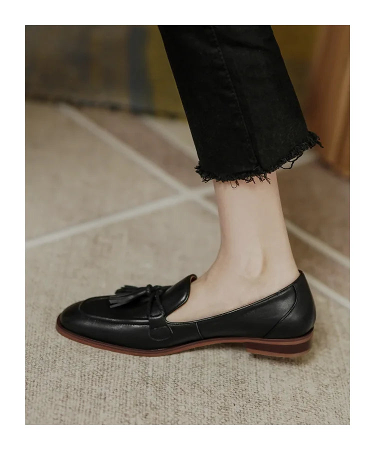 Retro British Style Square Head Women's Loafers Shoes 2022 Summer New Style Tassel Comfortable Single Shoes Women Brown Shoes