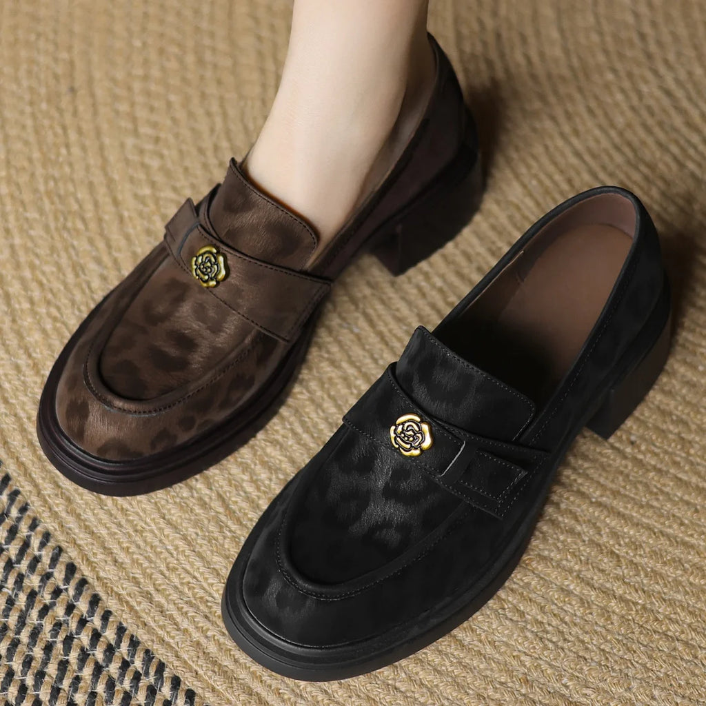 Women's leopard cow leather 5cm chunky heel platform slip-on loafers high quality soft comfortable causal female moccasins shoes