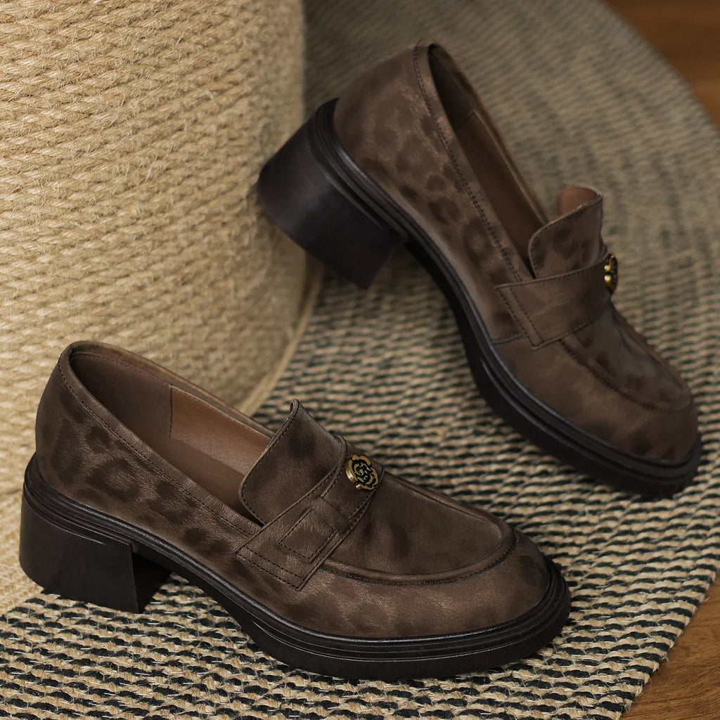 Women's leopard cow leather 5cm chunky heel platform slip-on loafers high quality soft comfortable causal female moccasins shoes