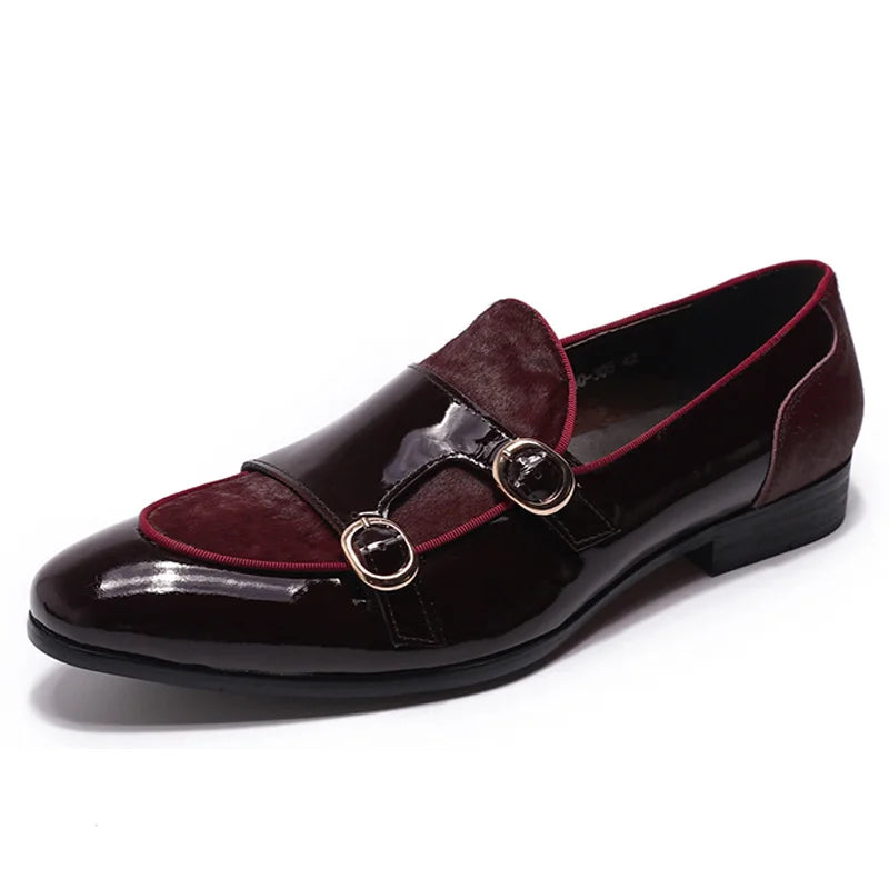 FELIX CHU Men's Patent Leather Monk Strap Dress Shoes Wedding Loafers Horse Hair Detail Casual Formal Party Gentlemen Footwear