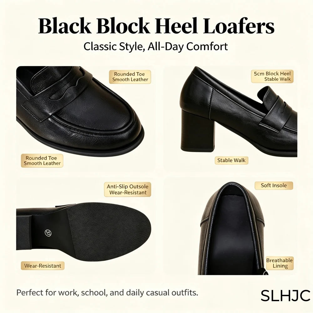 Vintage Women's Penny Loafers Chunky Block Heel Leather Shoes Slip On Round Toe Office Work Shoes Anti Slip Sole Comfort Daily D