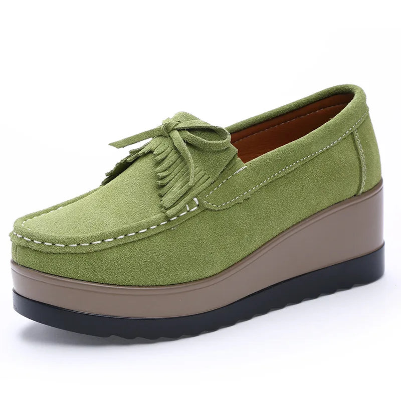 Fashon Green Suede Shoes of Women 2025 Spring Platform Leather Flats Slip on Sneakers Designer Tassel Fringe Loafer Moccasins