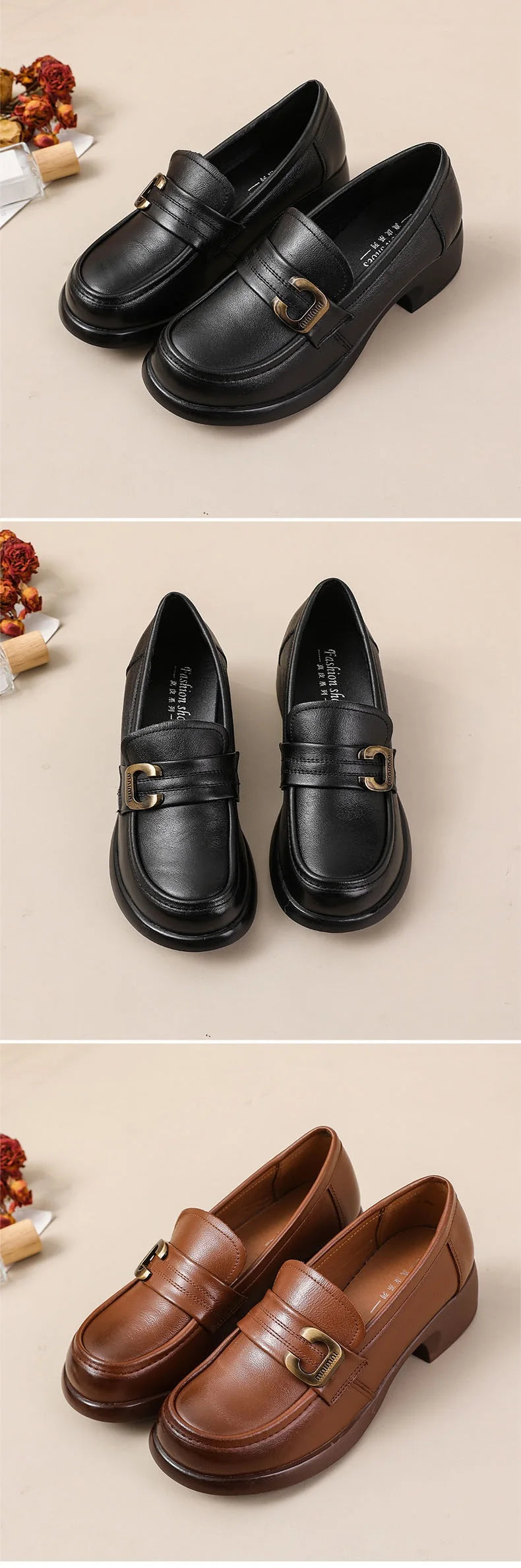 DRKANOL Fashion Genuine Leather Pumps Women Slip On Loafers British Style Retro Round Toe Metal Thick Heel Casual Shoes Big Size