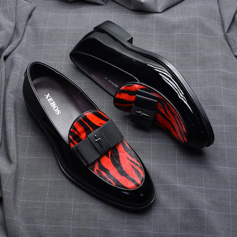Black Red Luxury Genuine Patent Leather Men's Dress Loafer Shoes with Bowtie Wedding Party Banquet Slip-On Man Formal Shoes