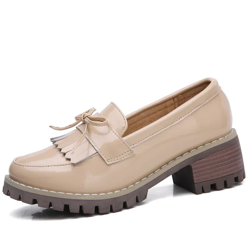 Loveontop Women Loafers Tassel Moccasins Bow-knot Round Toe Spring Autumn Ladies Slip-On Flats Handmade Genuine Leather Retro