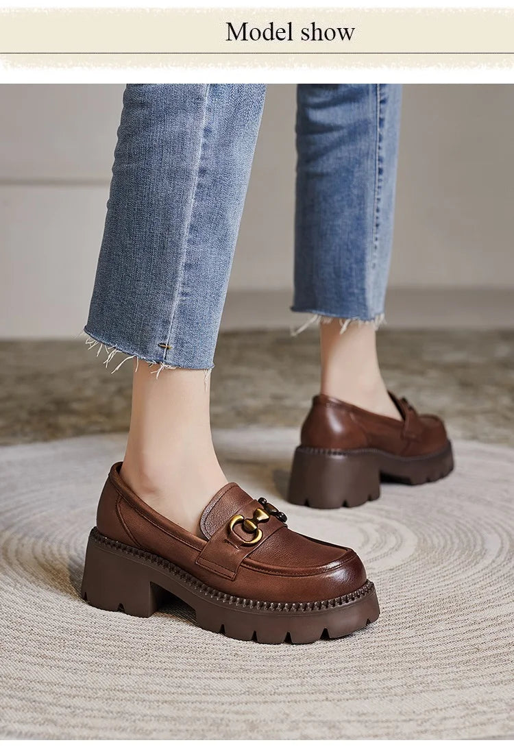 DRKANOL Women Thick Heel Loafers Slip On Pumps Spring Autumn New Design Metal Genuine Leather Round Toe High Heel Platform Shoes