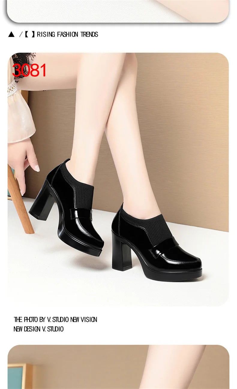 Women's One Pedal Loafer High Heel Soft Leather Shoes 2024 New Thick Bottom British Style Elastic Mouth Chunky Heel Shoes