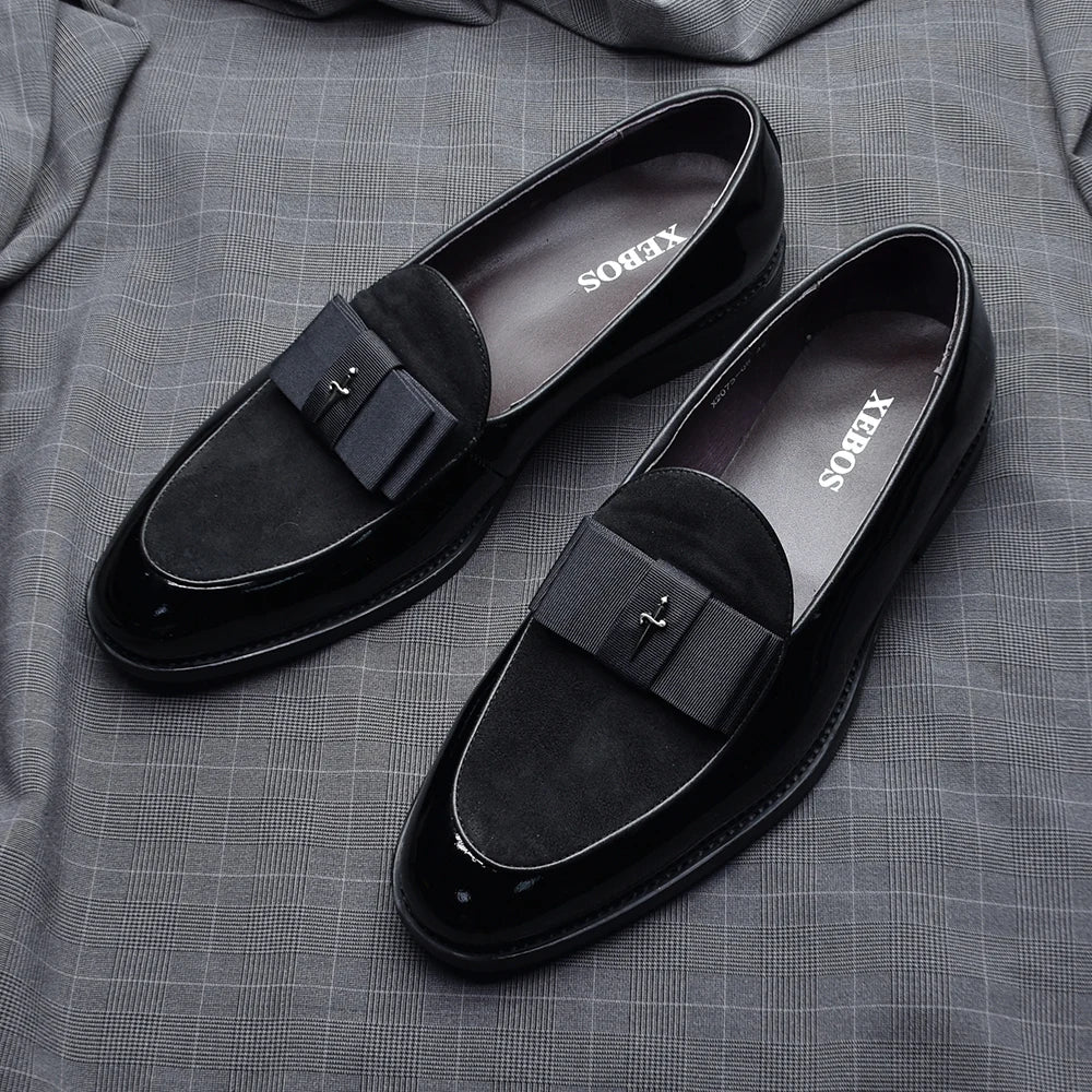 Black Red Luxury Genuine Patent Leather Men's Dress Loafer Shoes with Bowtie Wedding Party Banquet Slip-On Man Formal Shoes