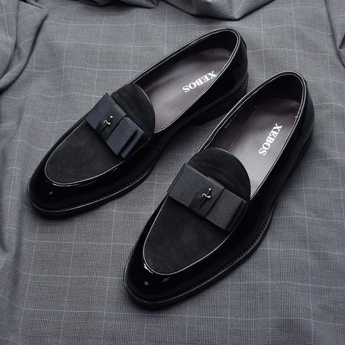 Black Red Luxury Genuine Patent Leather Men's Dress Loafer Shoes with Bowtie Wedding Party Banquet Slip-On Man Formal Shoes